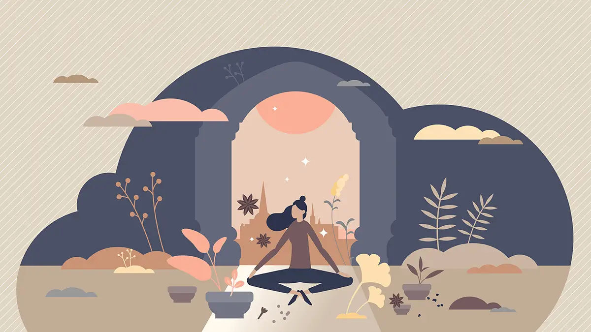 Femme en méditation devant une arche au coucher de soleil, entourée de plantes et de nuages stylisés