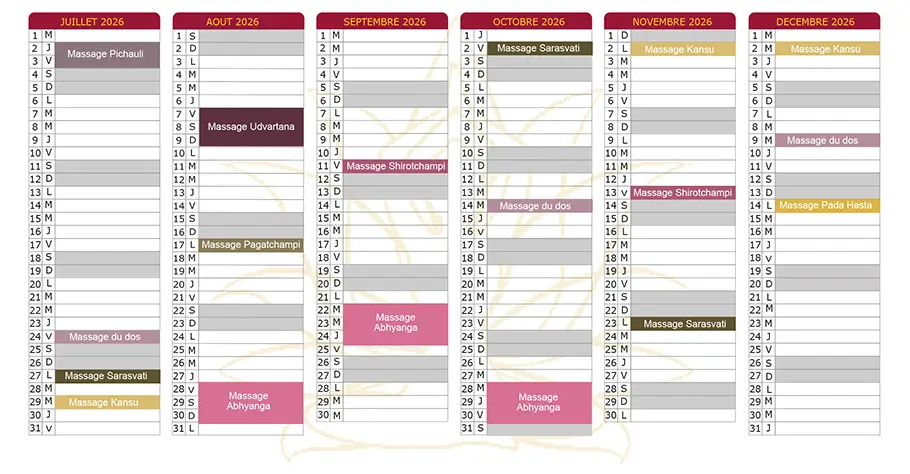 Calendrier des formations en massages ayurvédiques - Second semestre 2026